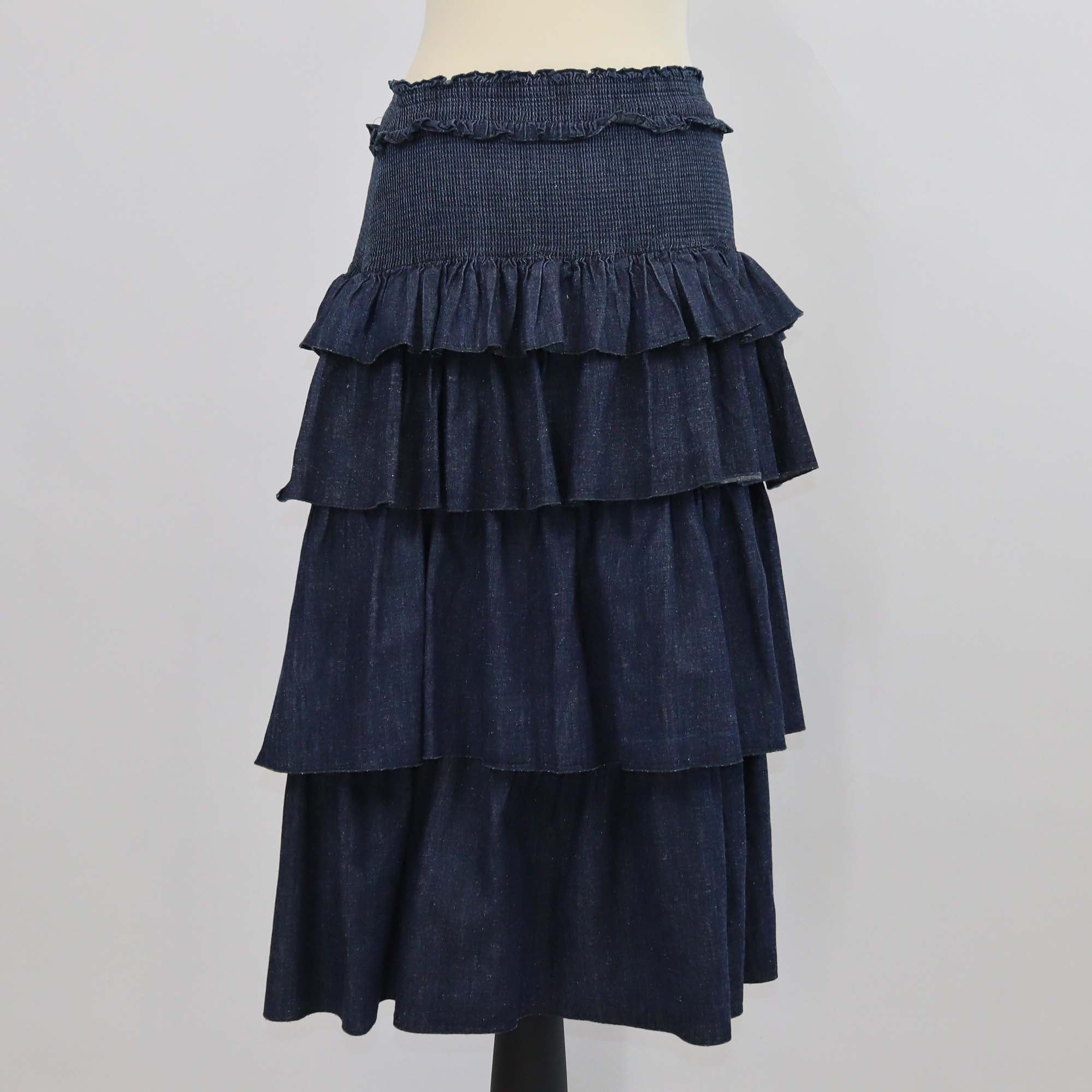 See by Chloe Dark Blue Denim Pintuck Ruffle Tiered Skirt