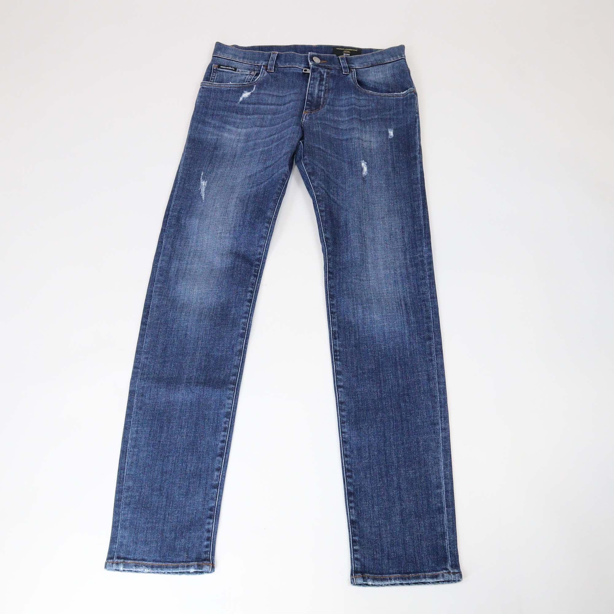 Dolce & Gabbana Dark Blue Washed Denim Ripped Slim Fit Pants