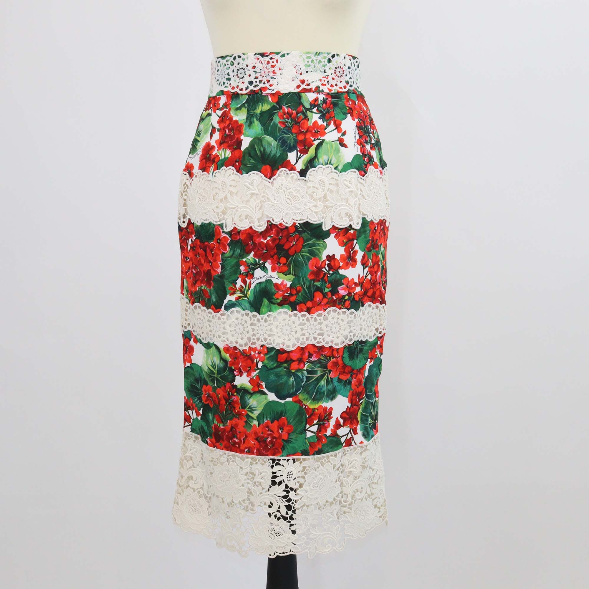 Dolce & Gabbana Multicolor Blend Cotton Floral Print Lace Trim Midi Skirt