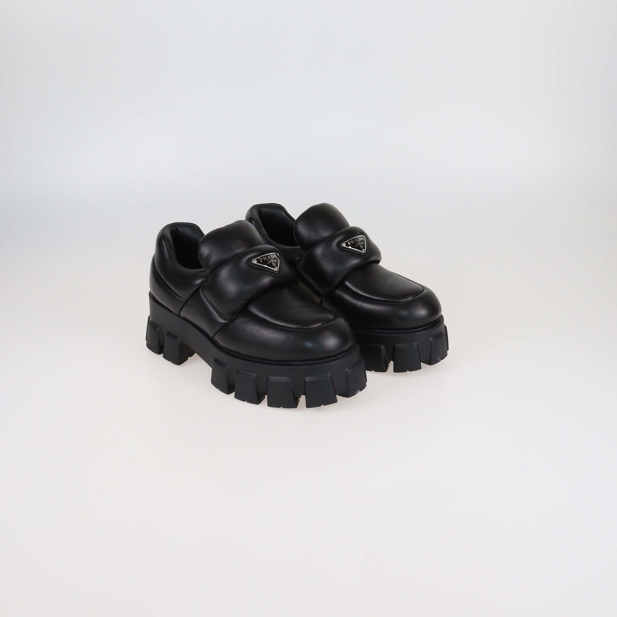 Prada Black Leather Soft Padded Platform Oxford Loafers Womens Prada 