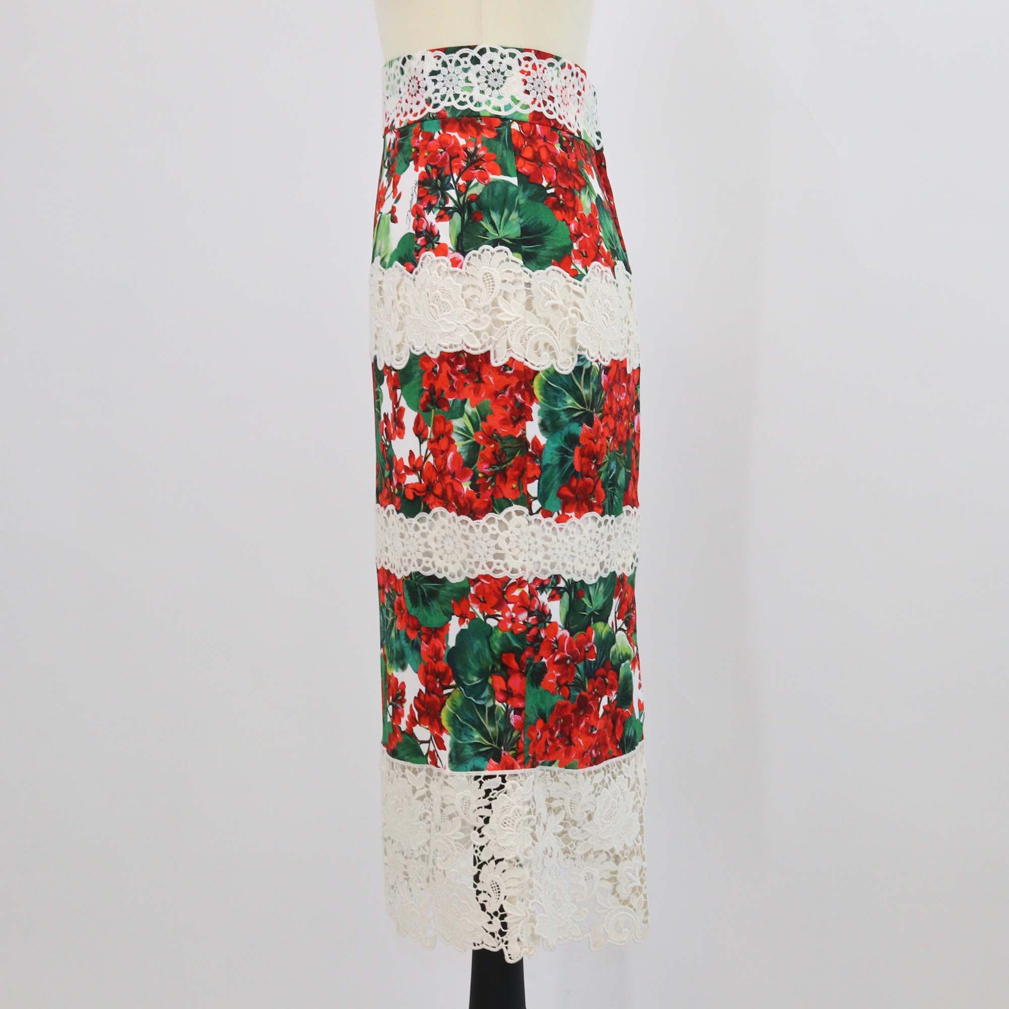 Dolce & Gabbana Multicolor Blend Cotton Floral Print Lace Trim Midi Skirt