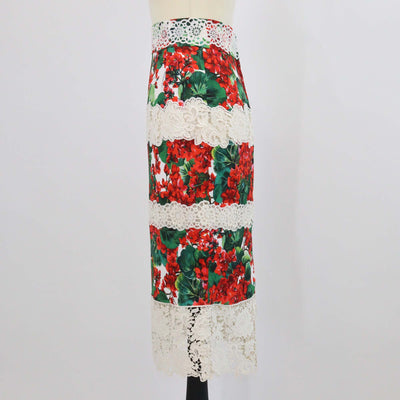 Dolce & Gabbana Multicolor Blend Cotton Floral Print Lace Trim Midi Skirt