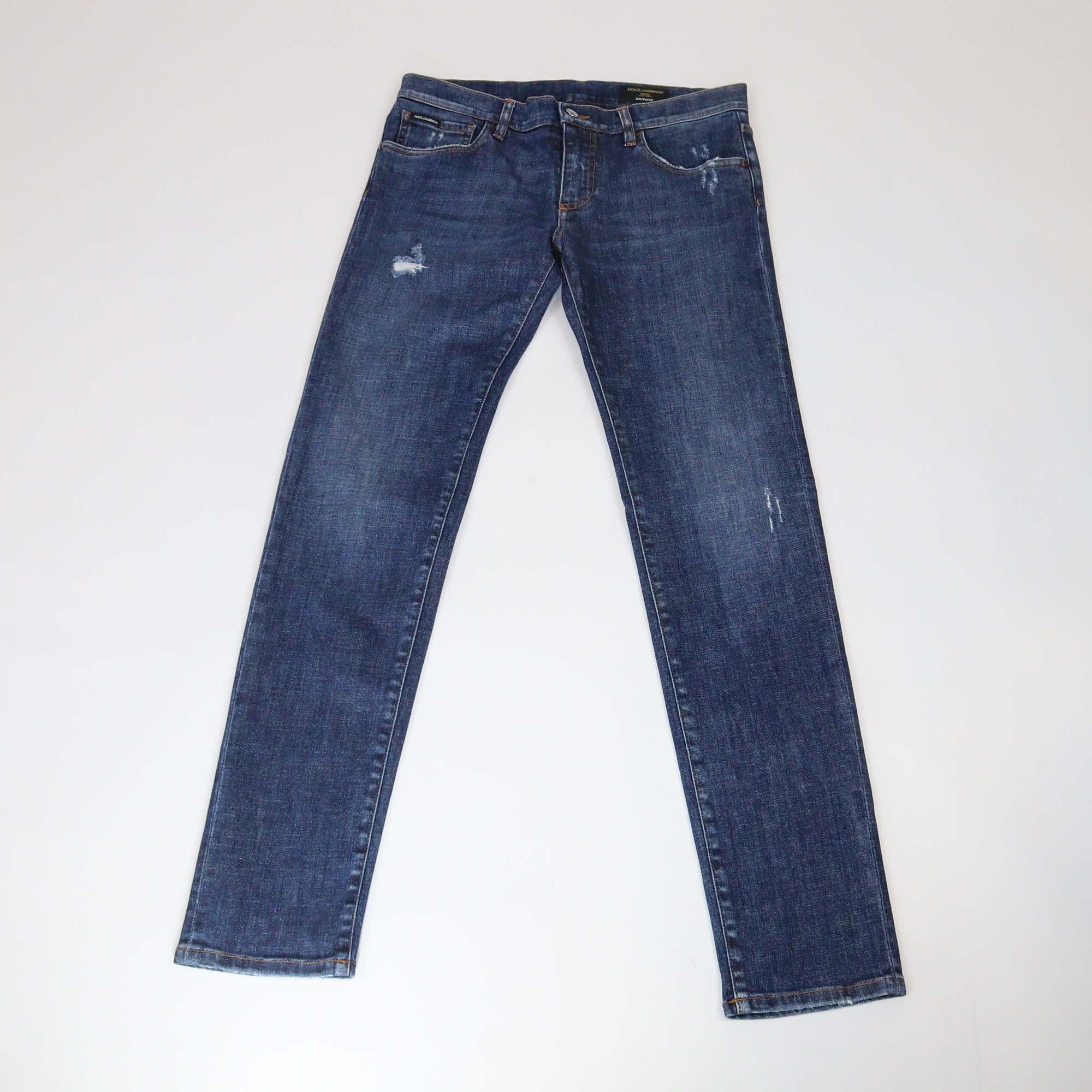 Dolce & Gabbana Dark Blue Washed Denim Ripped Skinny Fit Pants