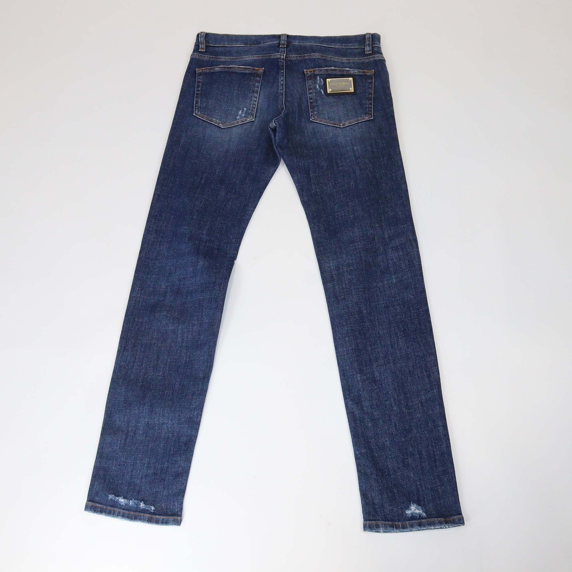 Dolce & Gabbana Dark Blue Washed Denim Ripped Skinny Fit Pants