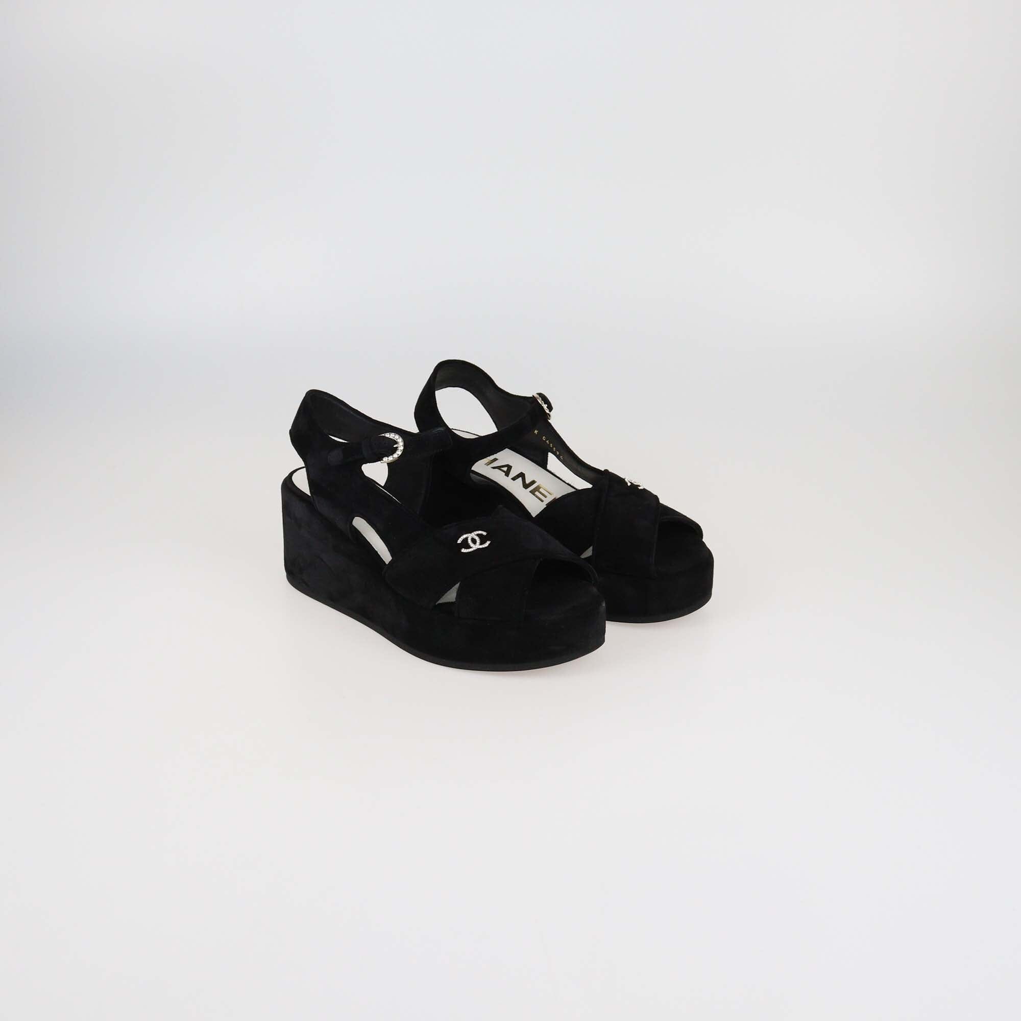 Chanel Black Suede Criss Cross Wedge Ankle Strap Sandals Womens Chanel 