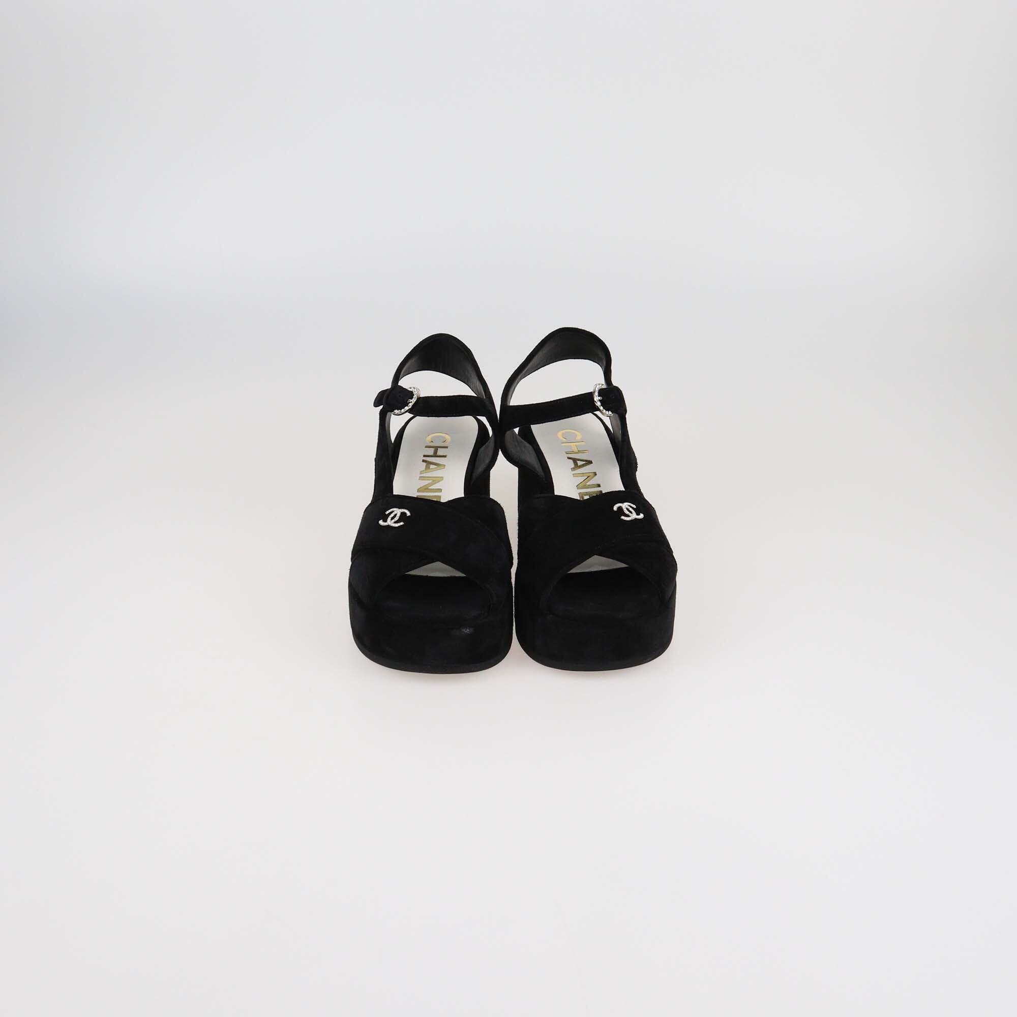 Chanel Black Suede Criss Cross Wedge Ankle Strap Sandals Womens Chanel 