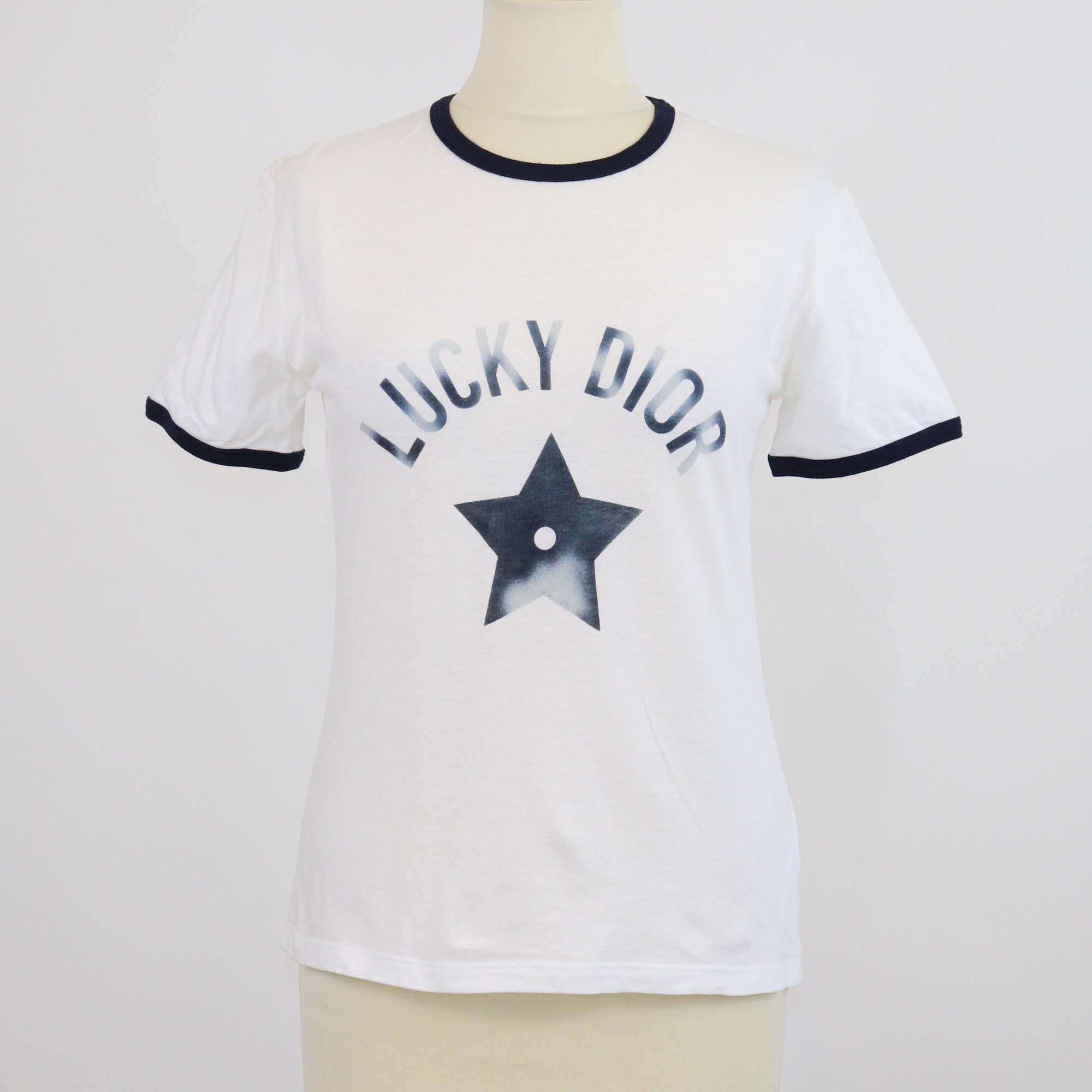Christian Dior White/Navy Blue Blend Cotton Lucky Dior T-Shirt