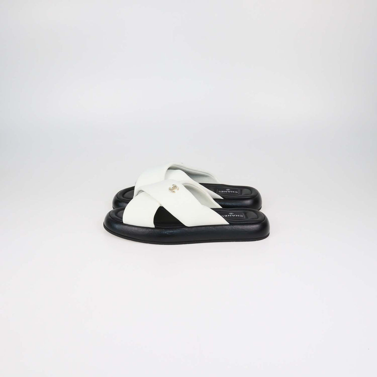 Chanel White Leather Puffy Criss Cross Sandals