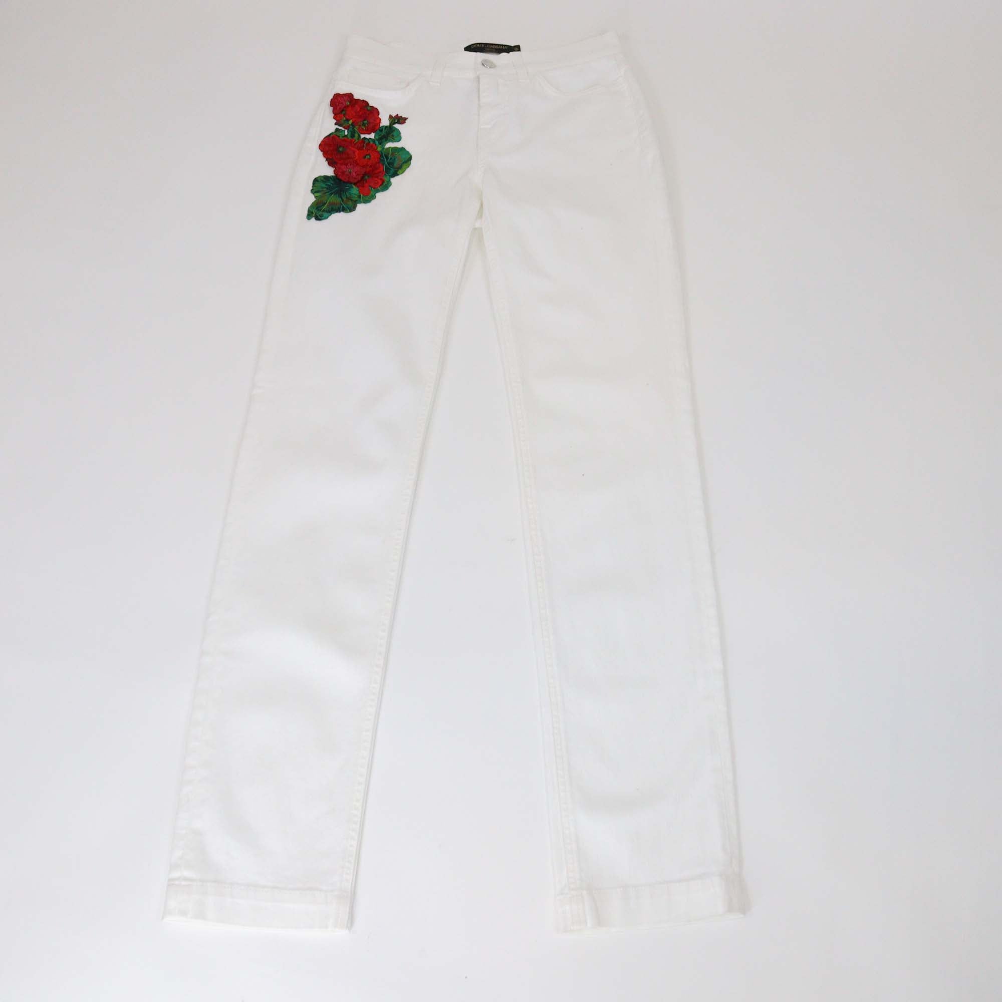 Dolce & Gabbana White Denim Floral Embroidered Girly Pants