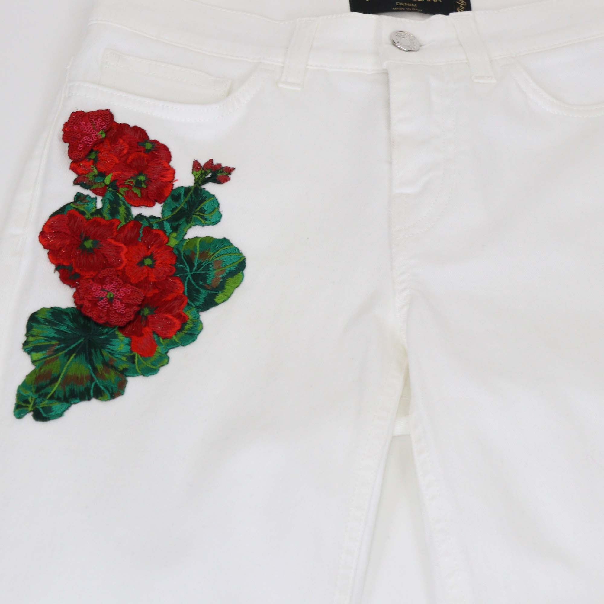 Dolce & Gabbana White Denim Floral Embroidered Girly Pants
