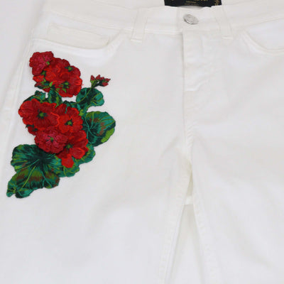 Dolce & Gabbana White Denim Floral Embroidered Girly Pants