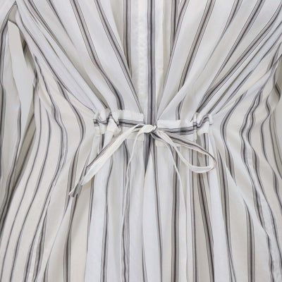 Brunello Cucinelli Off White Silk Striped Drawstring Long Sleeve Shirt