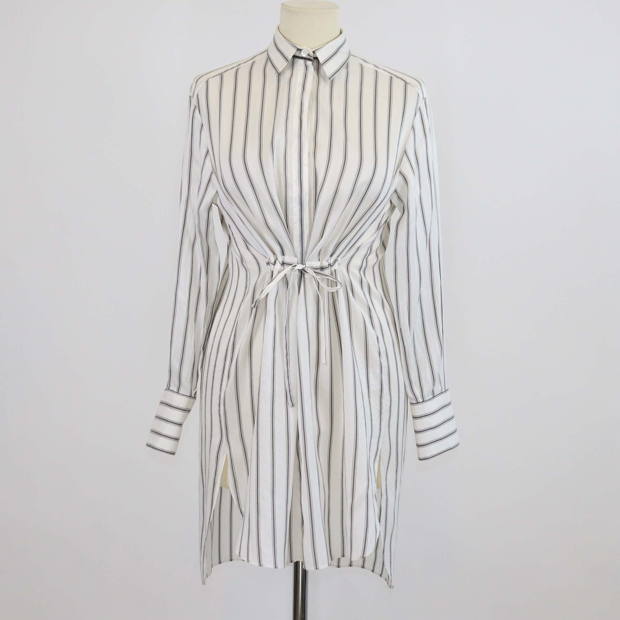Brunello Cucinelli Off White Silk Striped Drawstring Long Sleeve Shirt