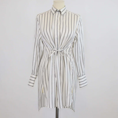 Brunello Cucinelli Off White Silk Striped Drawstring Long Sleeve Shirt
