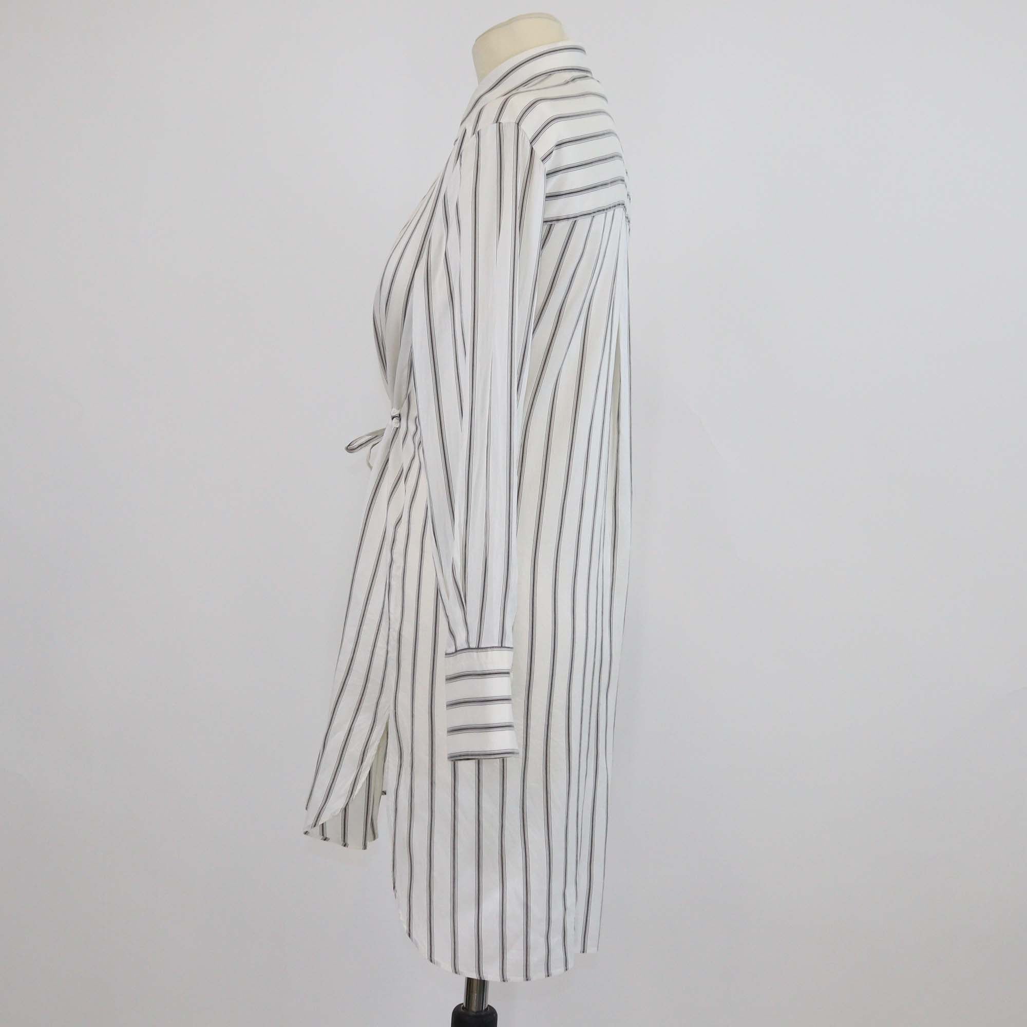 Brunello Cucinelli Off White Silk Striped Drawstring Long Sleeve Shirt