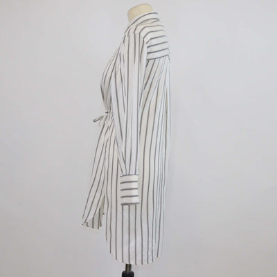 Brunello Cucinelli Off White Silk Striped Drawstring Long Sleeve Shirt