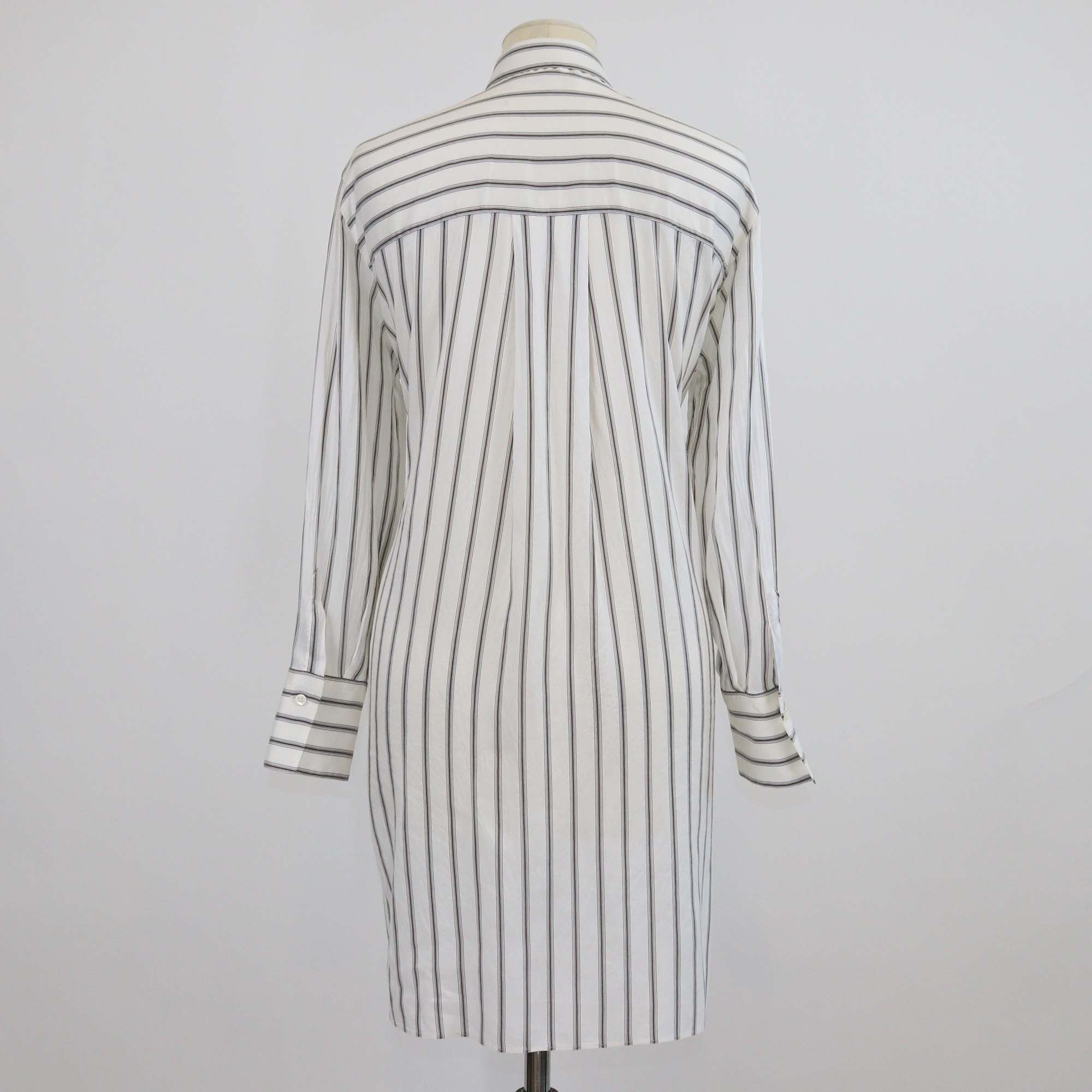 Brunello Cucinelli Off White Silk Striped Drawstring Long Sleeve Shirt