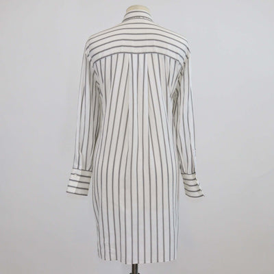 Brunello Cucinelli Off White Silk Striped Drawstring Long Sleeve Shirt