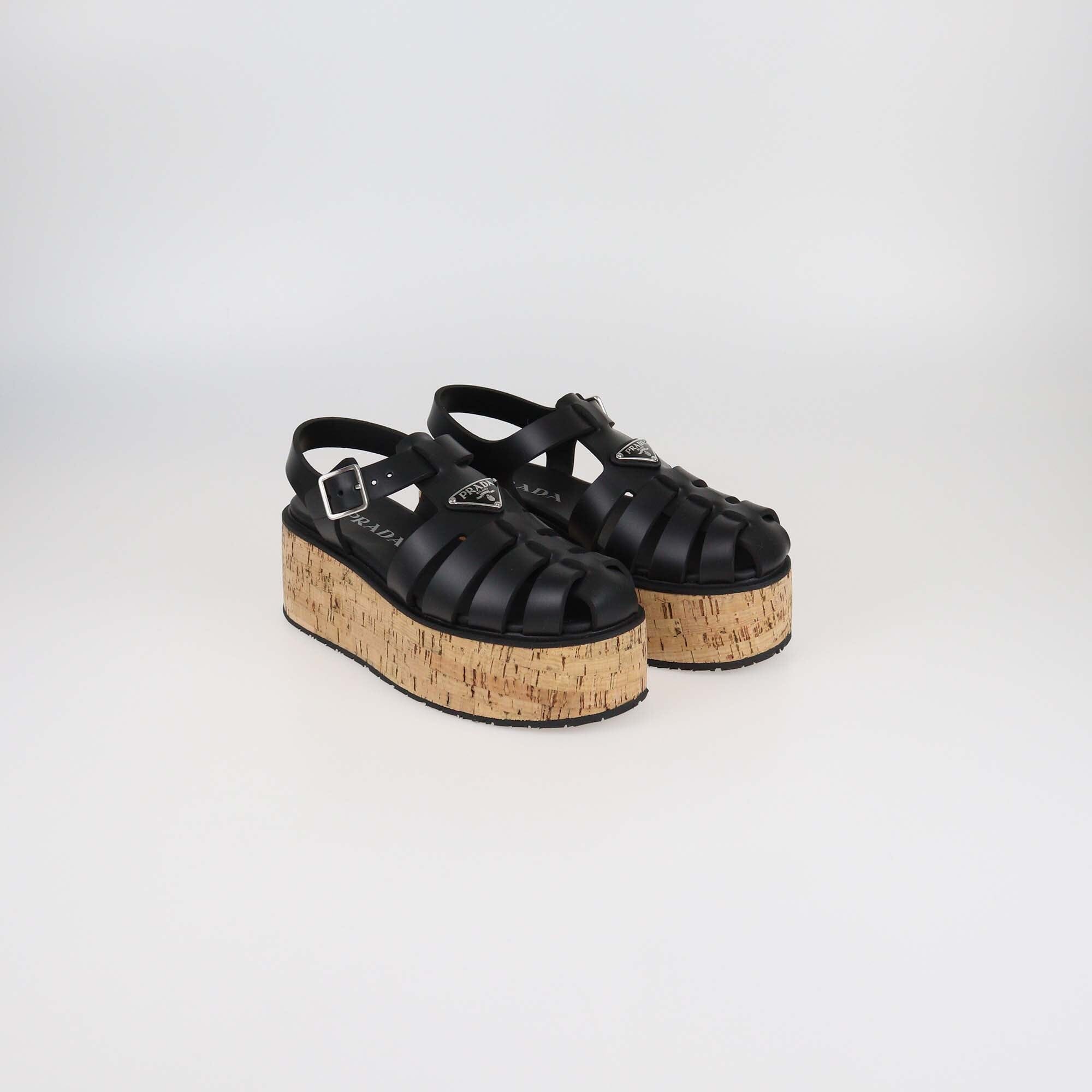 Prada Black Rubber Monolith Cork Platform Ankle Strap Sandals Womens Prada 