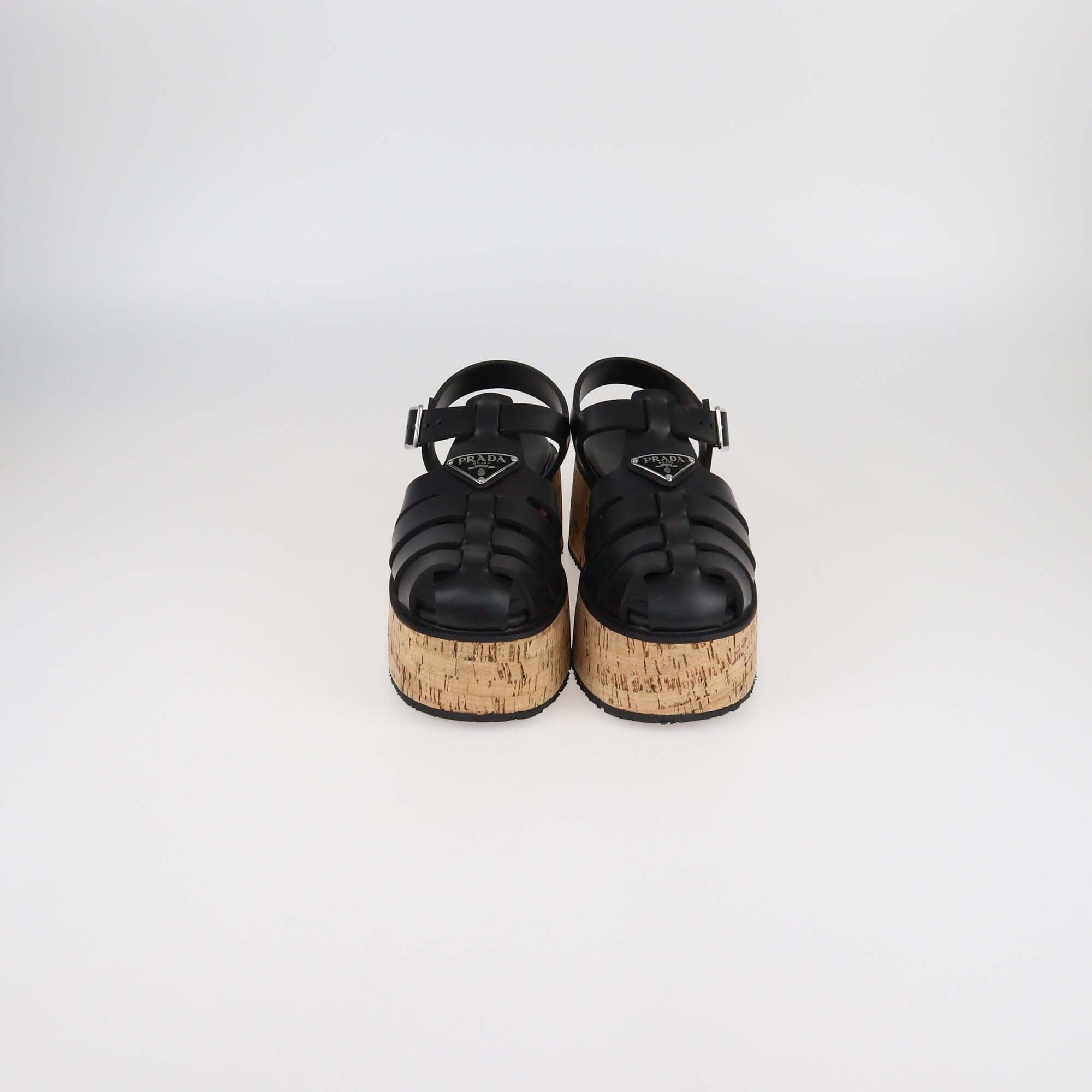 Prada Black Rubber Monolith Cork Platform Ankle Strap Sandals Womens Prada 