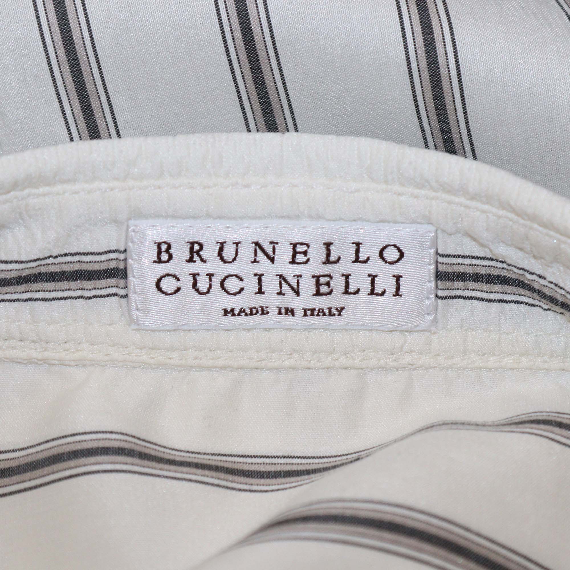 Brunello Cucinelli Off White Silk Striped Drawstring Long Sleeve Shirt