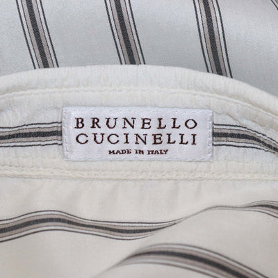 Brunello Cucinelli Off White Silk Striped Drawstring Long Sleeve Shirt