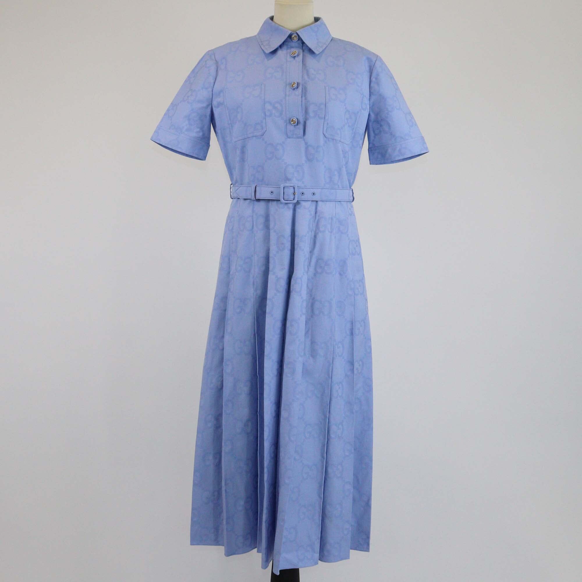 Gucci Blue GG Jacquard Belted Poplin Midi Dress Womens Gucci 