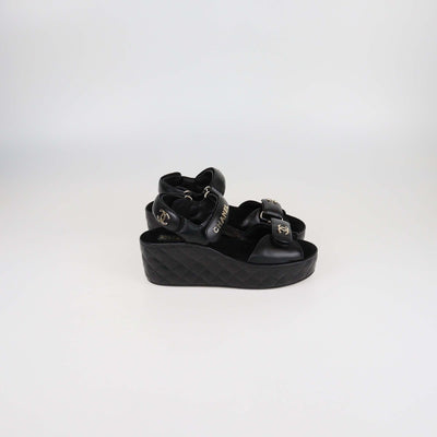 Chanel Black Quilted Leather Logo Wedge Ankle Strap Sandals Womens Chanel 