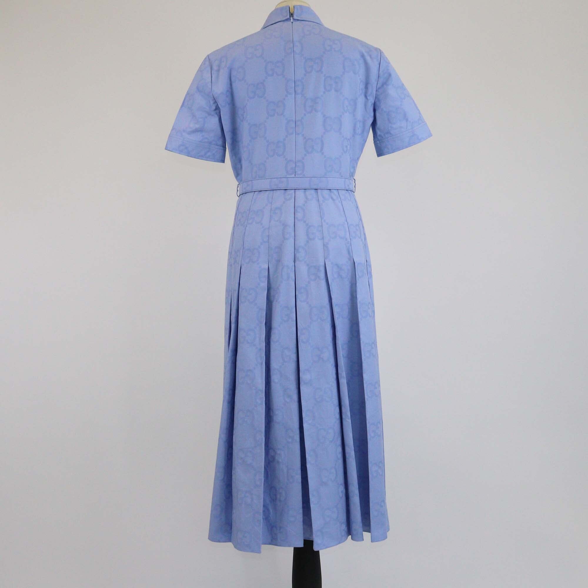 Gucci Blue GG Jacquard Belted Poplin Midi Dress Womens Gucci 