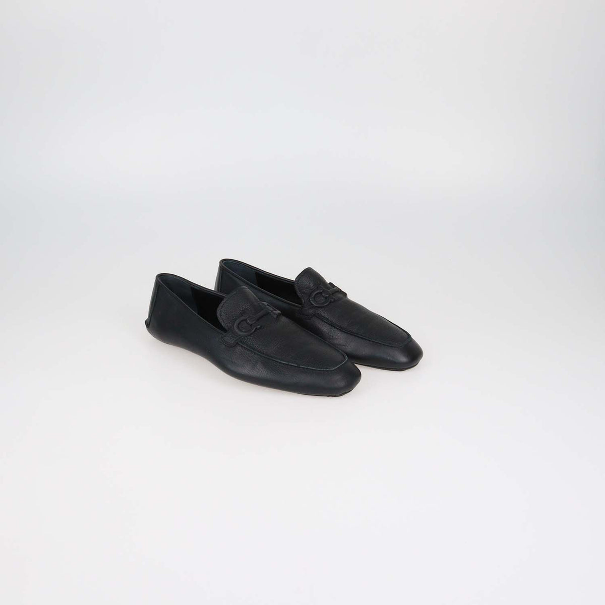 Salvatore Ferragamo Black Leather Gancini Embossed Flat Loafers