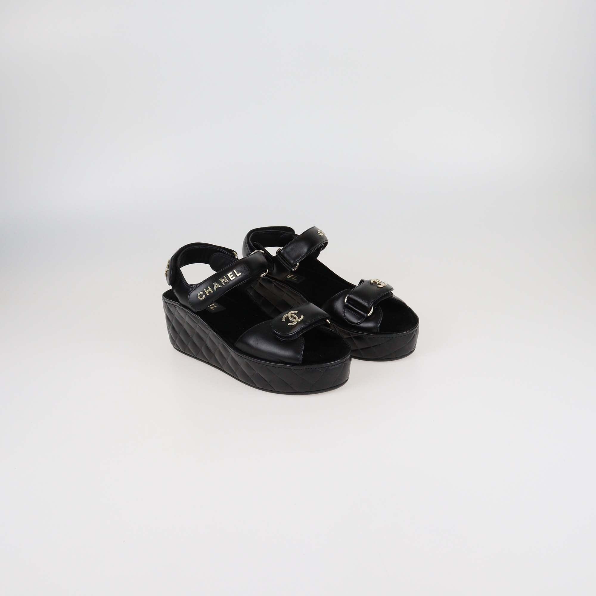 Chanel Black Quilted Leather Logo Wedge Ankle Strap Sandals Womens Chanel 
