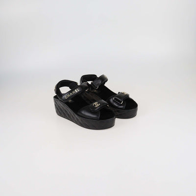 Chanel Black Quilted Leather Logo Wedge Ankle Strap Sandals Womens Chanel 