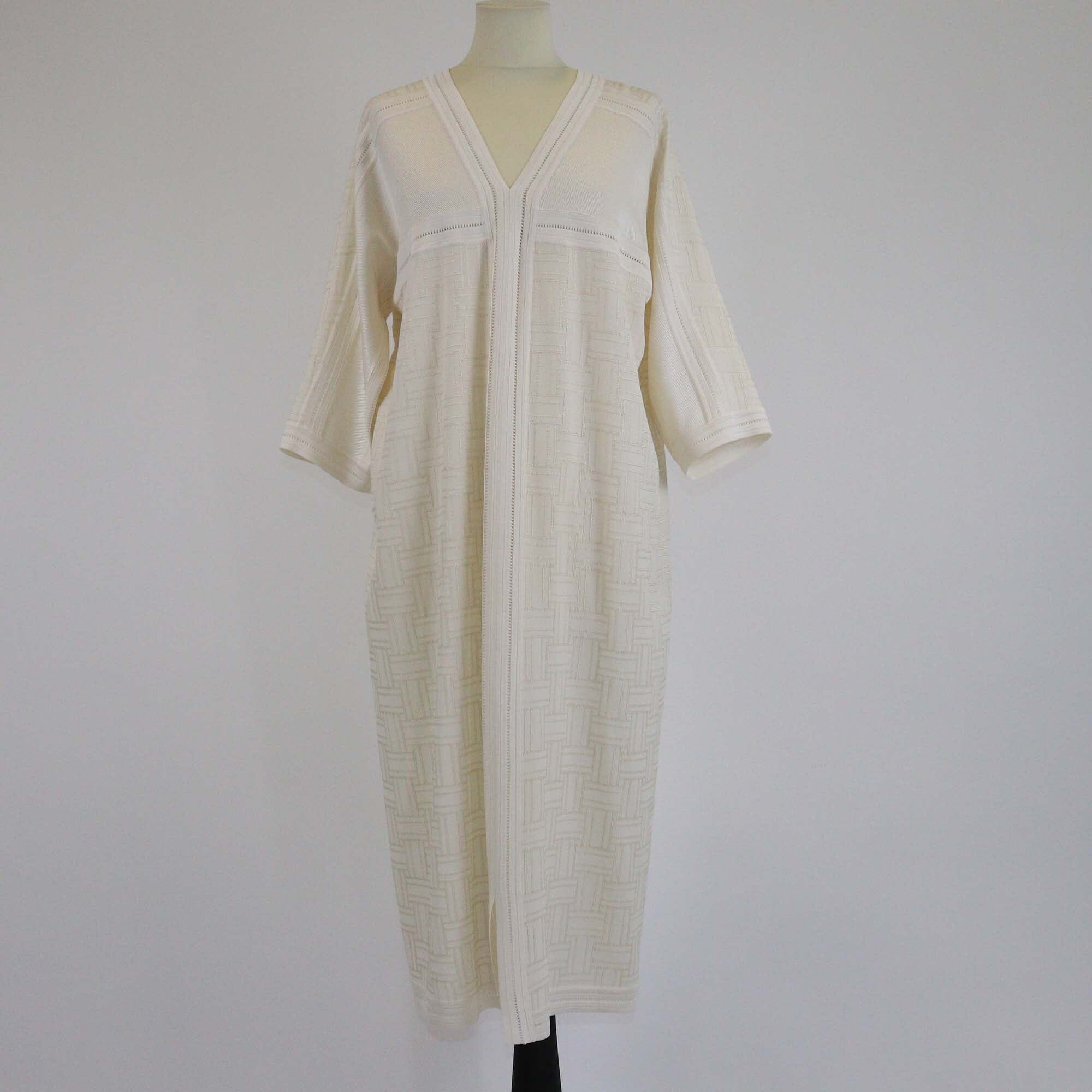 Hermes Cream Geometric Pattern Embriodered V Neck Kaftan Dress Womens Hermes 