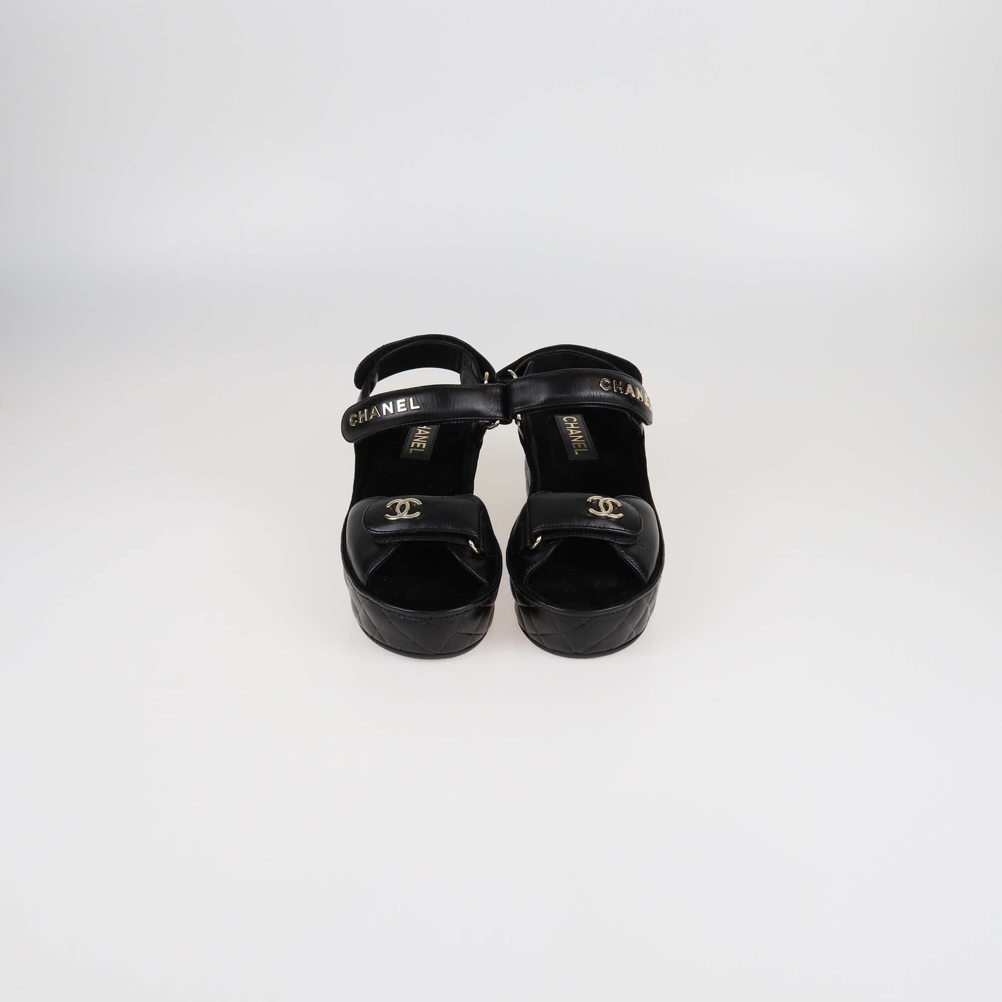 Chanel Black Quilted Leather Logo Wedge Ankle Strap Sandals Womens Chanel 