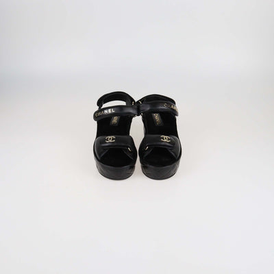 Chanel Black Quilted Leather Logo Wedge Ankle Strap Sandals Womens Chanel 