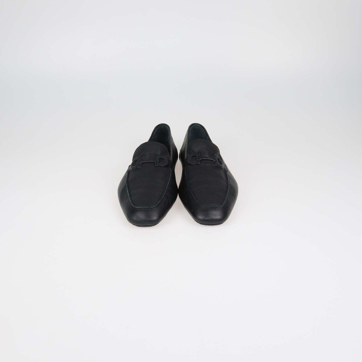 Salvatore Ferragamo Black Leather Gancini Embossed Flat Loafers