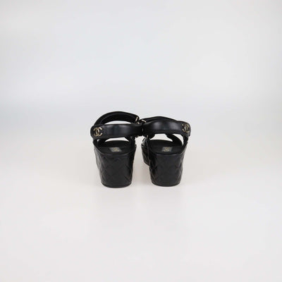 Chanel Black Quilted Leather Logo Wedge Ankle Strap Sandals Womens Chanel 