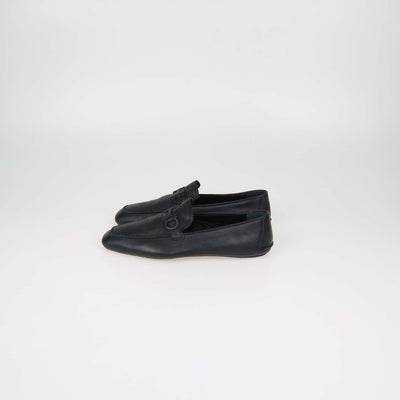 Salvatore Ferragamo Black Leather Gancini Embossed Flat Loafers