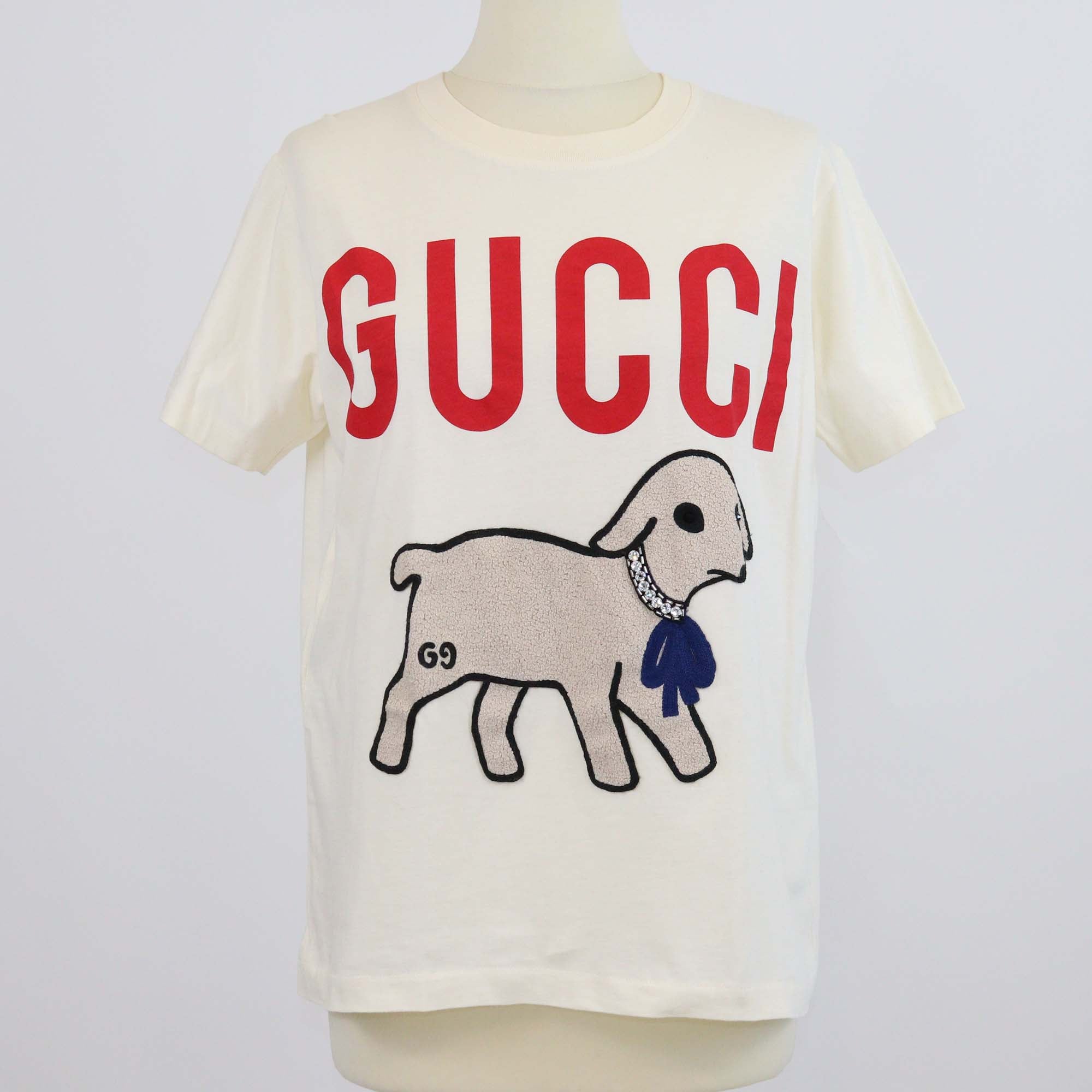 Gucci Cream Cotton Dog Patch and Crystal Embellished T-Shirt