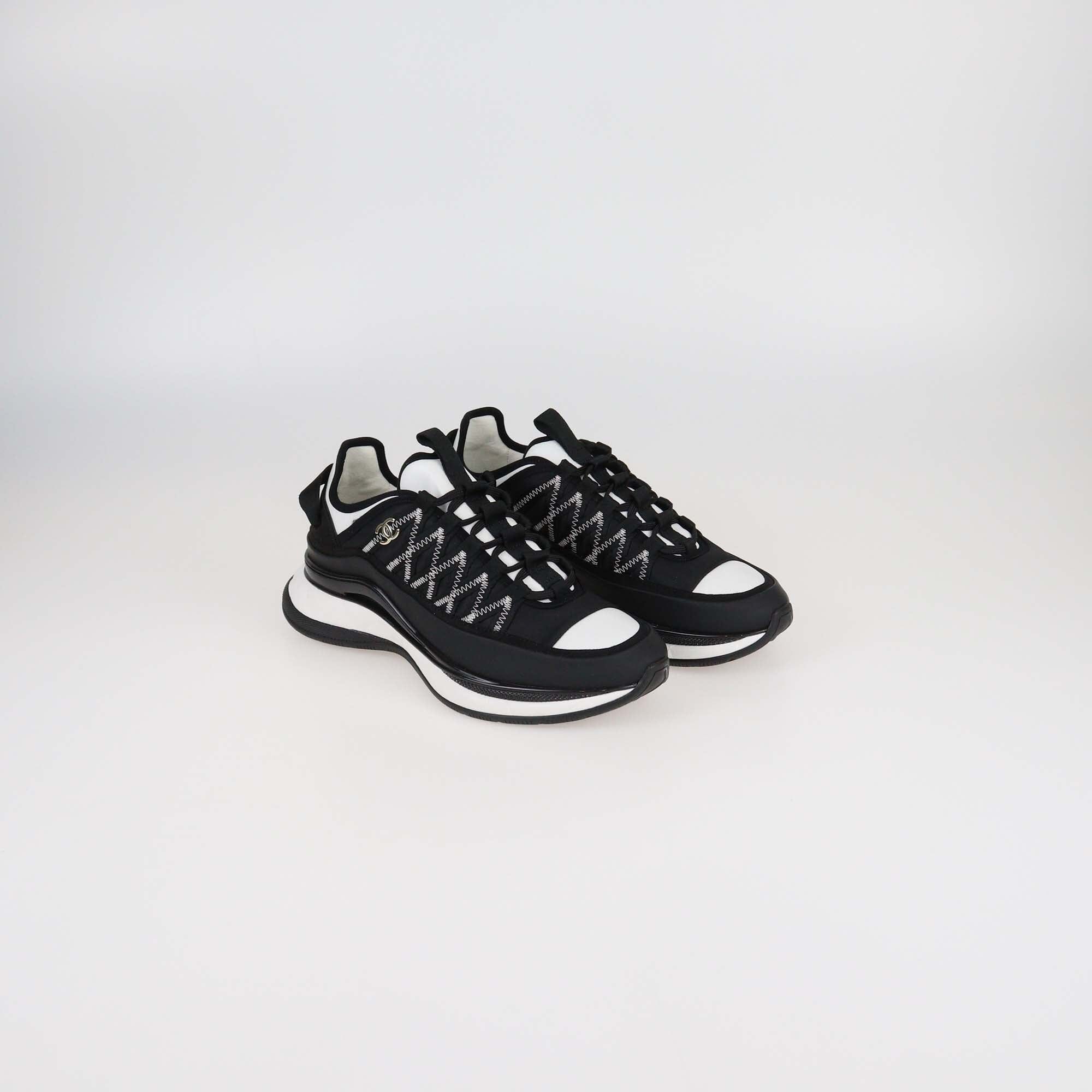 Chanel Black/White Leather and Fabric CC Low Top Sneakers Womens Chanel 