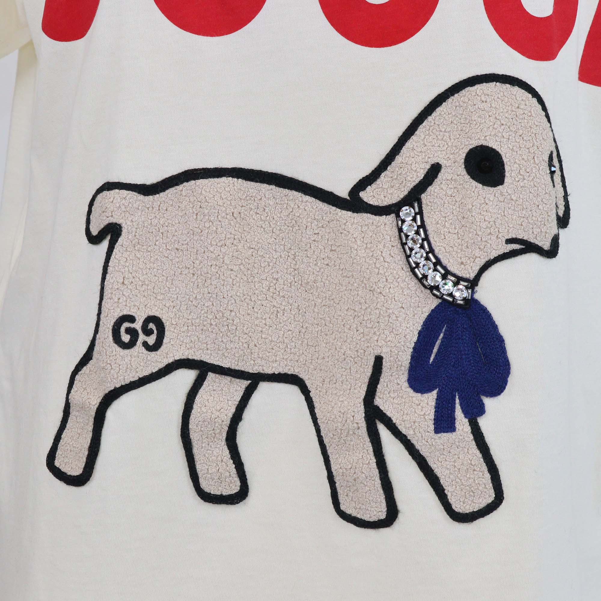 Gucci Cream Cotton Dog Patch and Crystal Embellished T-Shirt