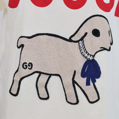 Gucci Cream Cotton Dog Patch and Crystal Embellished T-Shirt