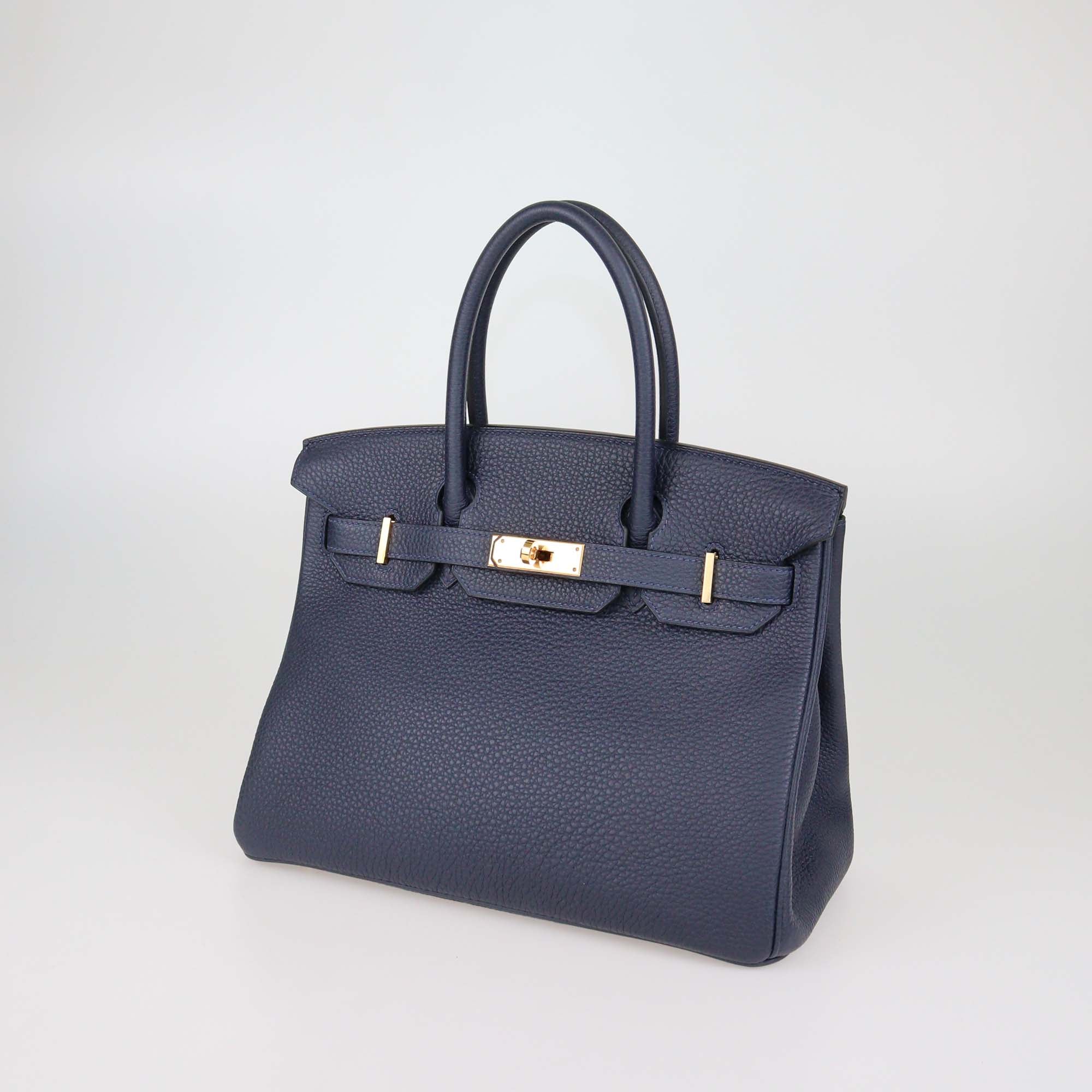 Hermes Blue Sapphire Clemence Leather Rose Gold Hardware Birkin 30 Bag