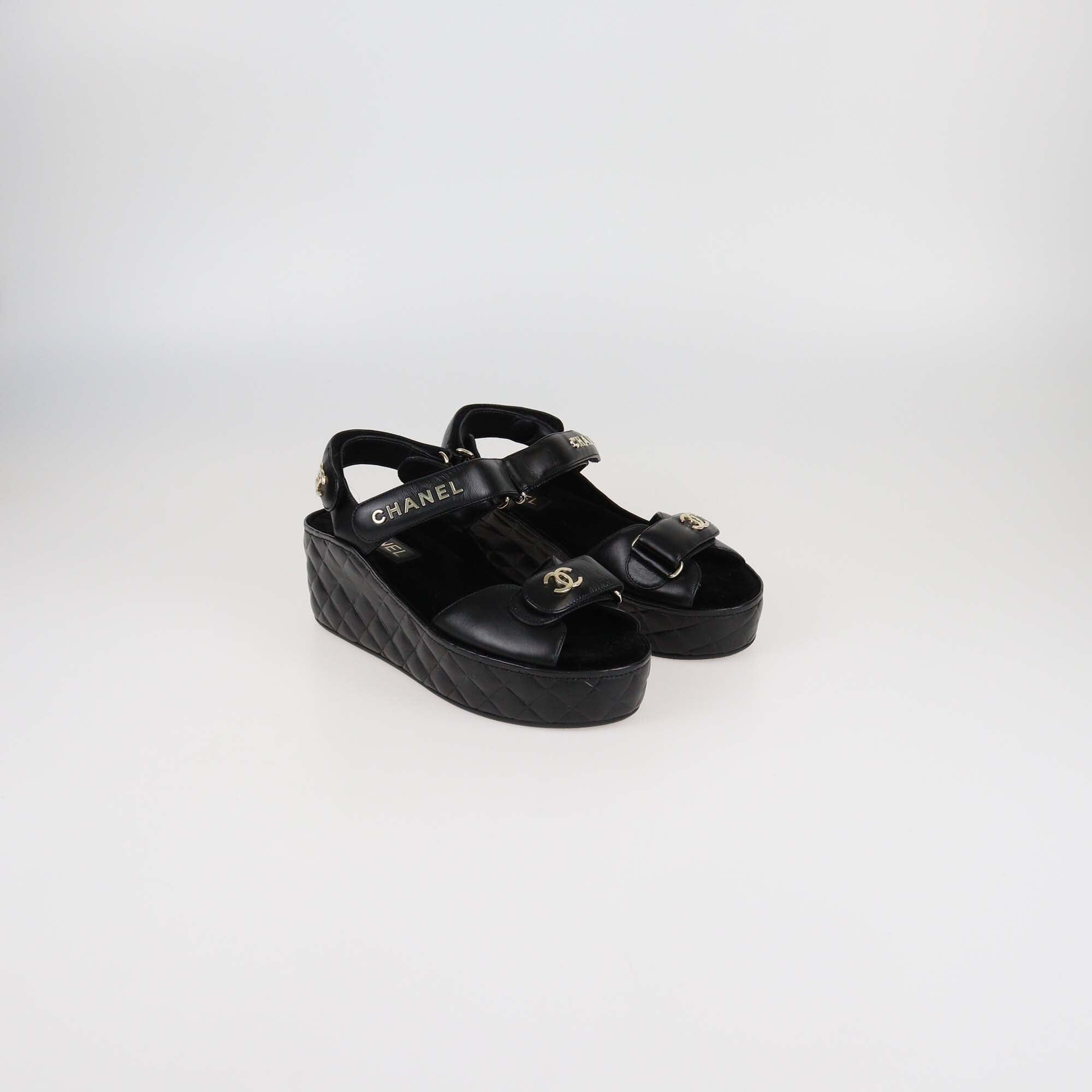 Chanel Black Quilted Leather Logo Wedge Ankle Strap Sandal Womens Chanel 