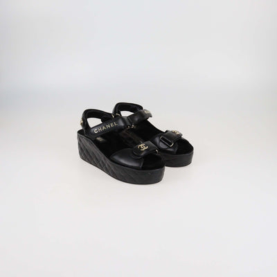 Chanel Black Quilted Leather Logo Wedge Ankle Strap Sandal Womens Chanel 
