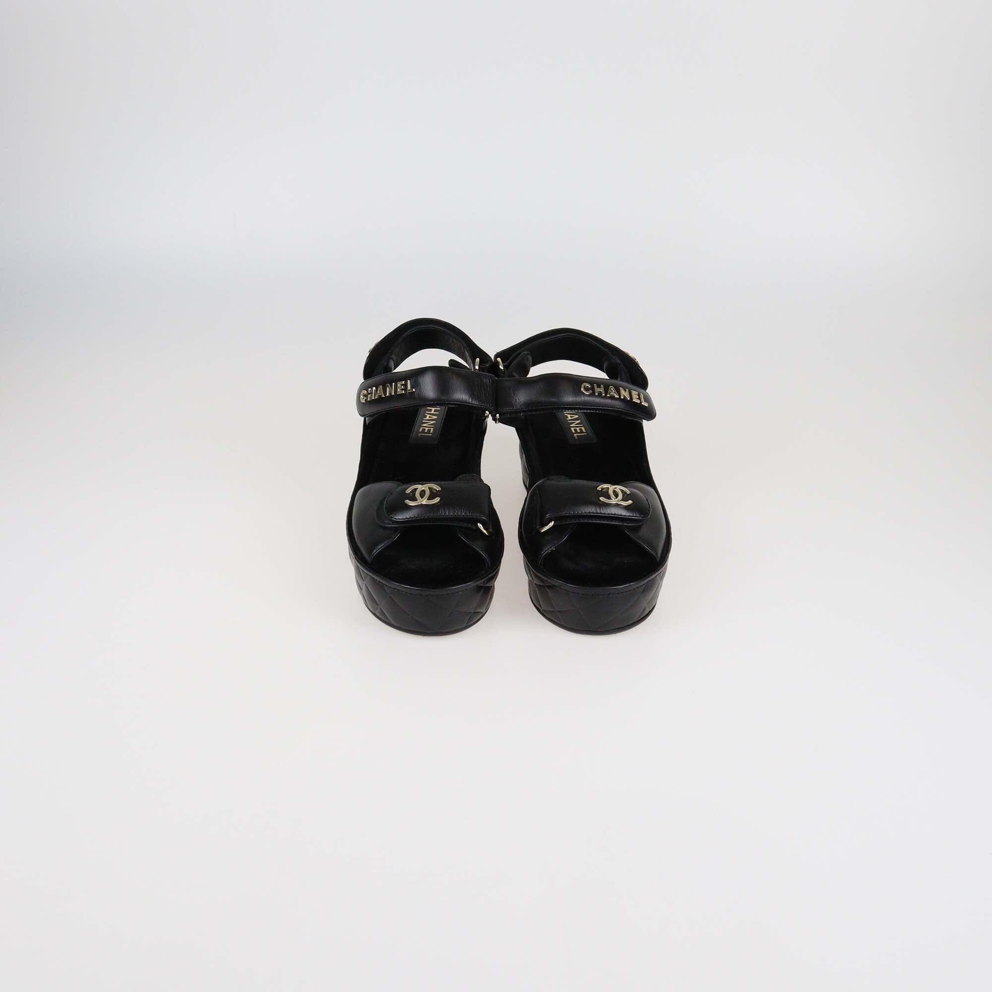 Chanel Black Quilted Leather Logo Wedge Ankle Strap Sandal Womens Chanel 
