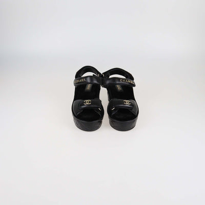 Chanel Black Quilted Leather Logo Wedge Ankle Strap Sandal Womens Chanel 