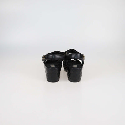 Chanel Black Quilted Leather Logo Wedge Ankle Strap Sandal Womens Chanel 