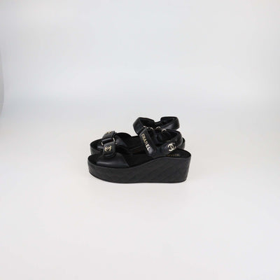 Chanel Black Quilted Leather Logo Wedge Ankle Strap Sandal Womens Chanel 