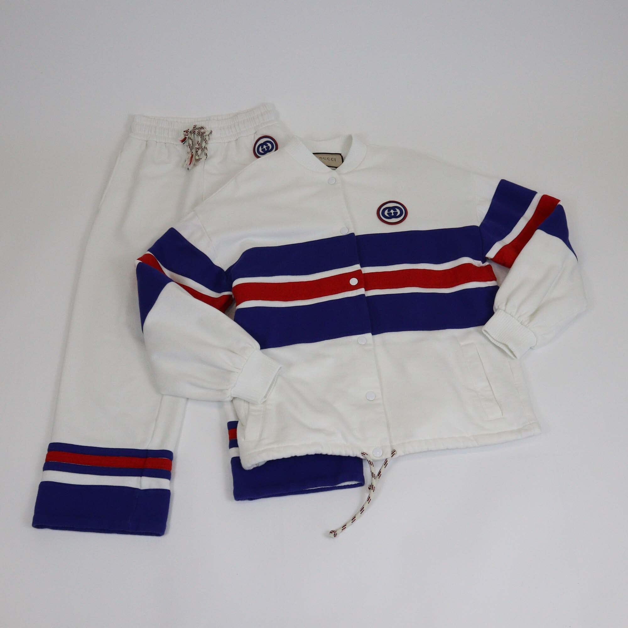 Gucci White Signature Striped Logo Embroidered Jacket & Drawstring Track Pants Set Womens Gucci 